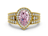 Yellow gold Fancy Pink Pear Cut Halo Diamond Split Shank Ring with Prong Setting