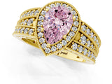 Yellow gold Fancy Pink Pear Cut Halo Diamond Split Shank Ring with Prong Setting_1