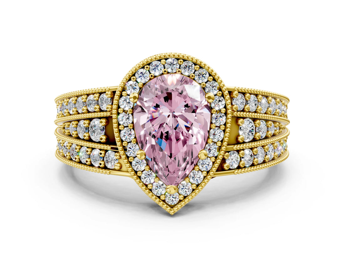 Yellow gold Fancy Pink Pear Cut Halo Diamond Split Shank Ring with Prong Setting_6