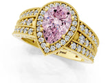 Yellow gold Fancy Pink Pear Cut Halo Diamond Split Shank Ring with Prong Setting_7