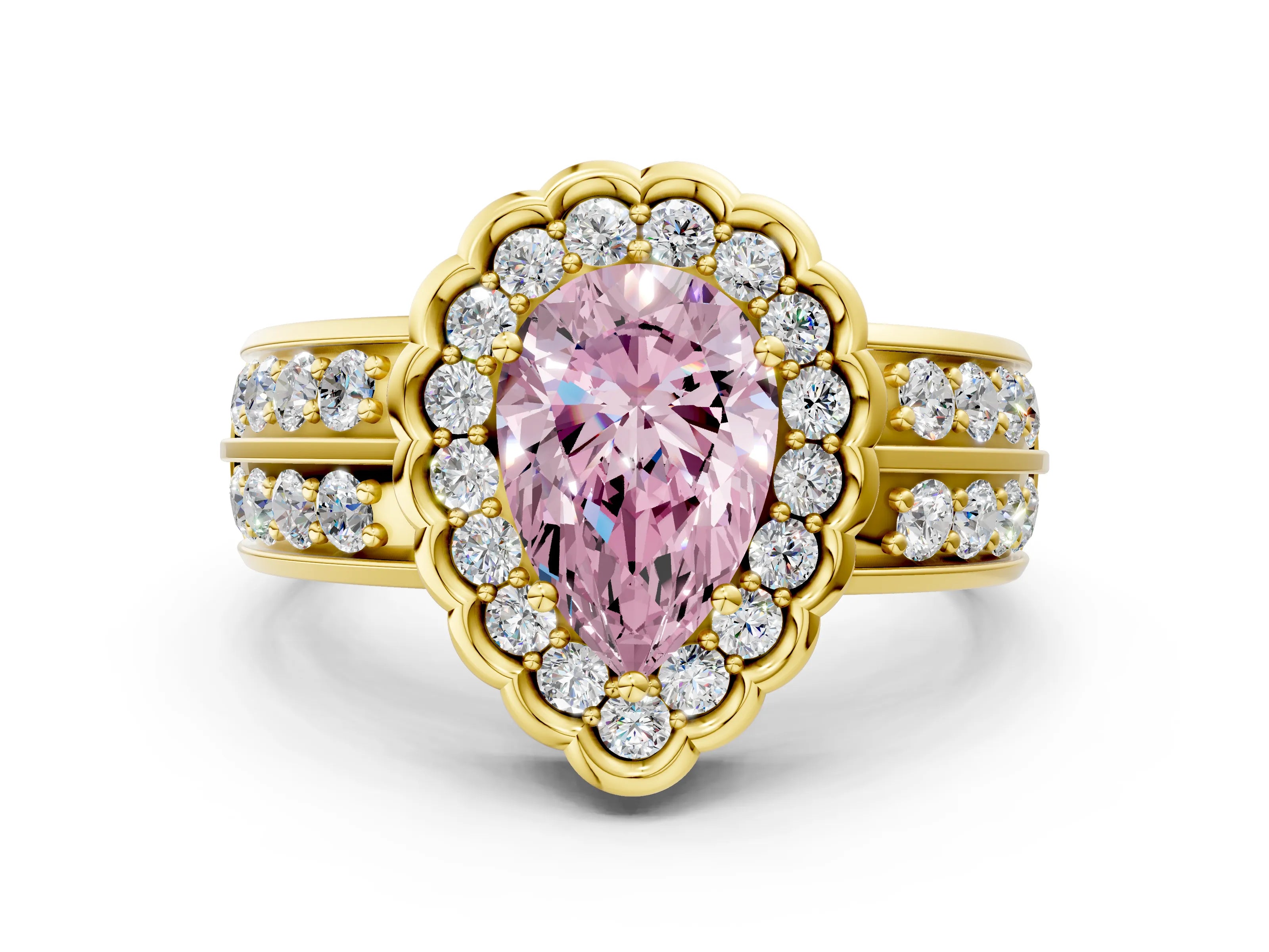 Yellow gold Fancy Pink Pear Cut Halo Diamond Split Shank Ring with Scalloped Prong Setting