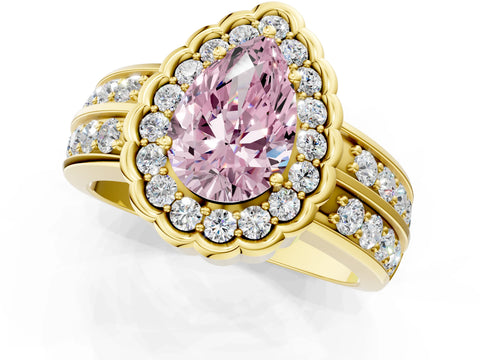 Yellow gold Fancy Pink Pear Cut Halo Diamond Split Shank Ring with Scalloped Prong Setting_1