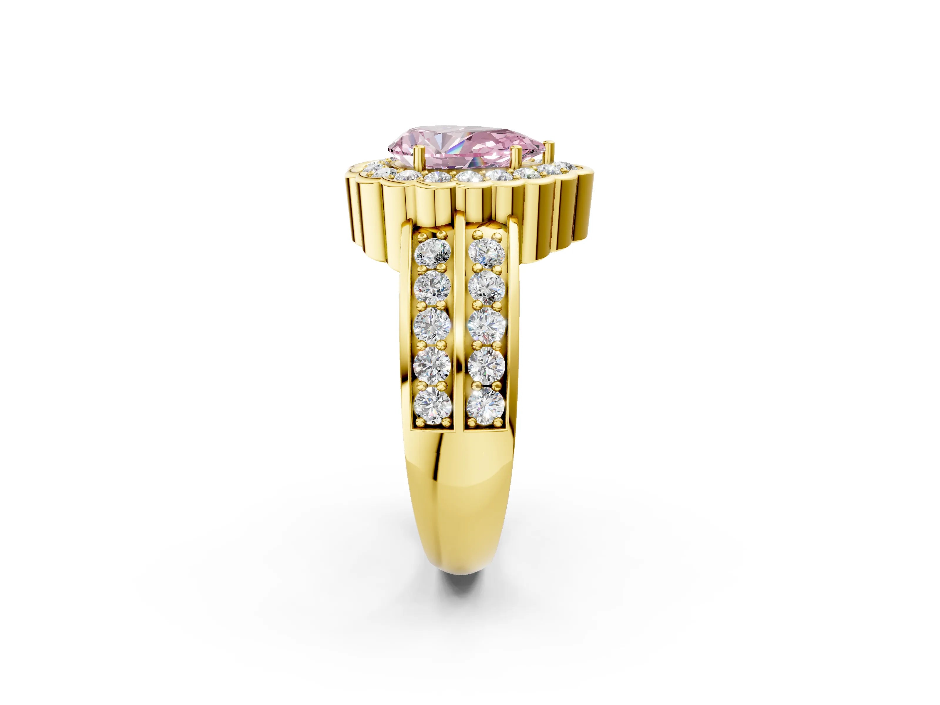 Yellow gold Fancy Pink Pear Cut Halo Diamond Split Shank Ring with Scalloped Prong Setting_2