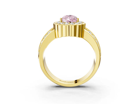 Yellow gold Fancy Pink Pear Cut Halo Diamond Split Shank Ring with Scalloped Prong Setting_3