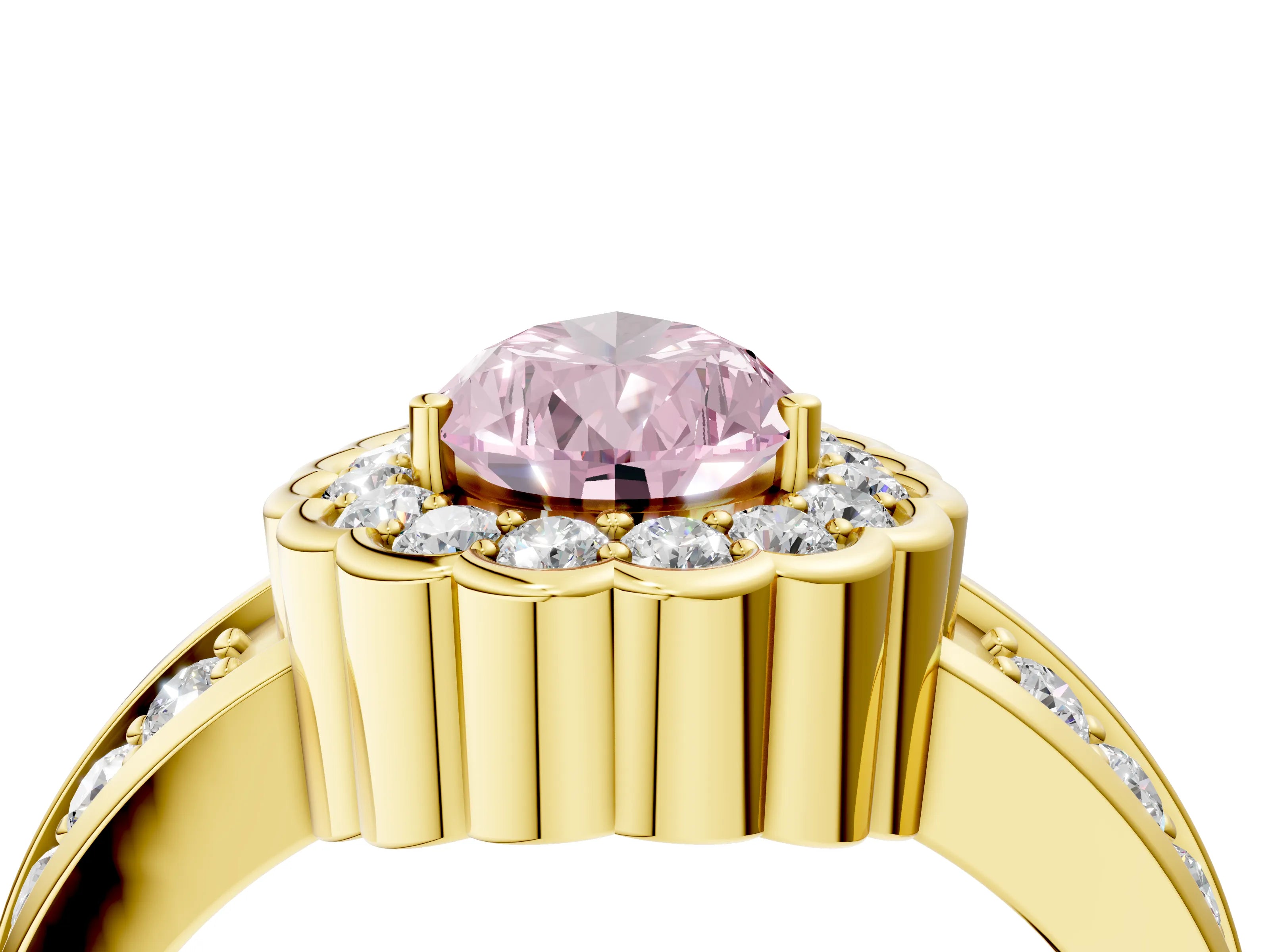 Yellow gold Fancy Pink Pear Cut Halo Diamond Split Shank Ring with Scalloped Prong Setting_4