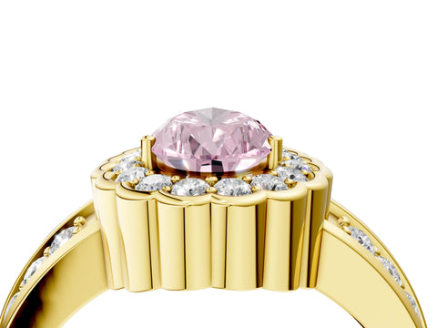 Yellow gold Fancy Pink Pear Cut Halo Diamond Split Shank Ring with Scalloped Prong Setting_4