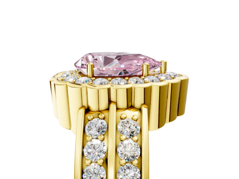 Yellow gold Fancy Pink Pear Cut Halo Diamond Split Shank Ring with Scalloped Prong Setting_5