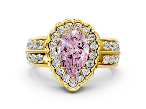 Yellow gold Fancy Pink Pear Cut Halo Diamond Split Shank Ring with Scalloped Prong Setting