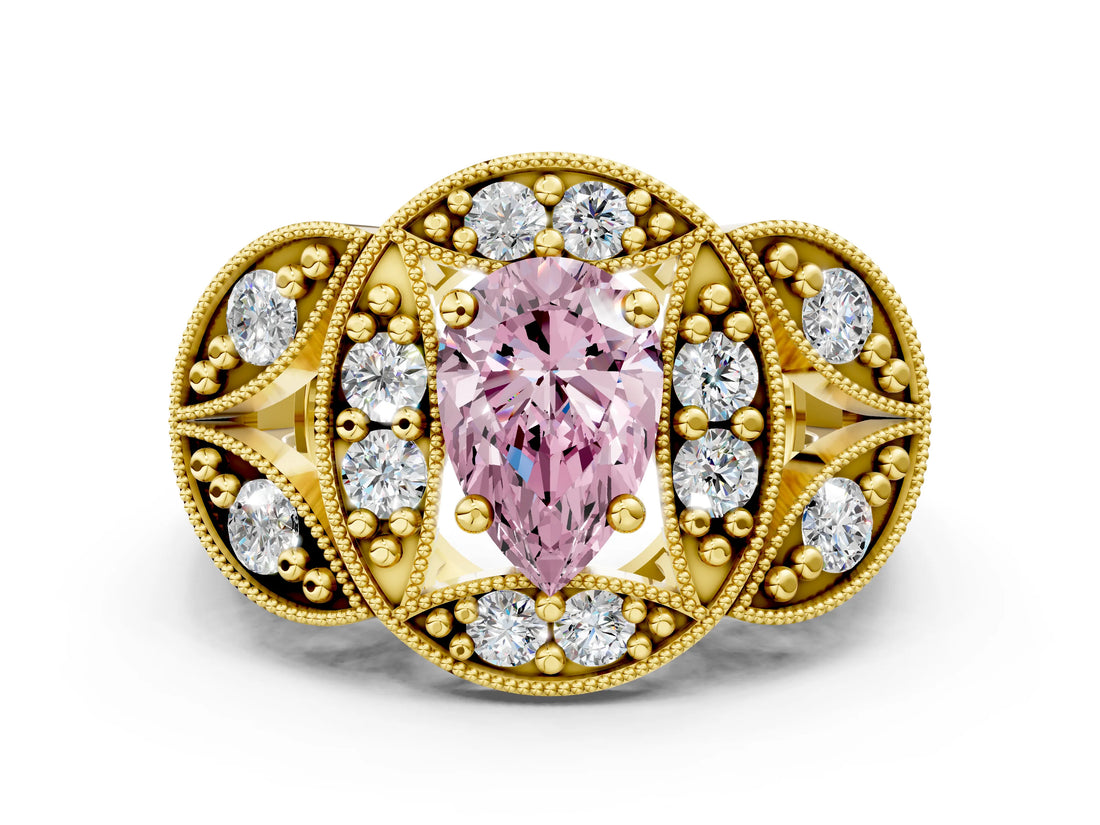 Yellow gold Fancy Pink Pear Cut Halo Milgrain Diamond Engagement Ring with Leaf Band and Four-Prong Setting