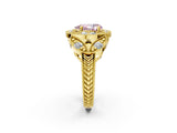 Yellow gold Fancy Pink Pear Cut Halo Milgrain Diamond Engagement Ring with Leaf Band and Four-Prong Setting_2