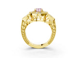 Yellow gold Fancy Pink Pear Cut Halo Milgrain Diamond Engagement Ring with Leaf Band and Four-Prong Setting_3
