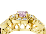 Yellow gold Fancy Pink Pear Cut Halo Milgrain Diamond Engagement Ring with Leaf Band and Four-Prong Setting_4