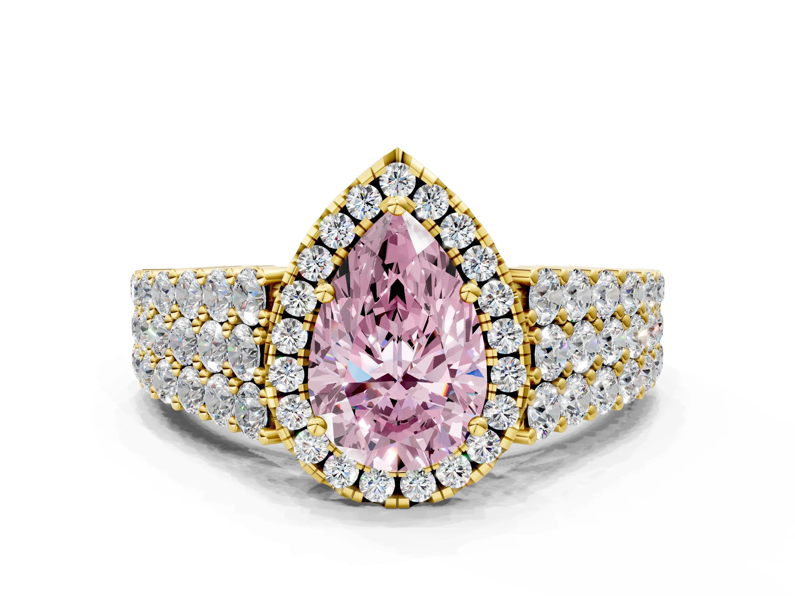 Yellow gold Fancy Pink Pear Cut Halo Pavé Diamond Engagement Ring with Split Shank and Four-Prong Setting_3