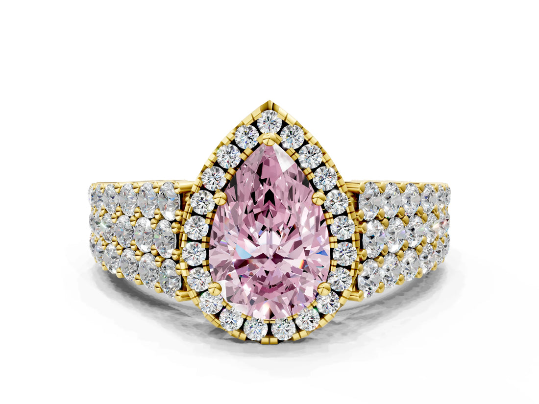 Yellow gold Fancy Pink Pear Cut Halo Pavé Diamond Engagement Ring with Split Shank and Four-Prong Setting_3