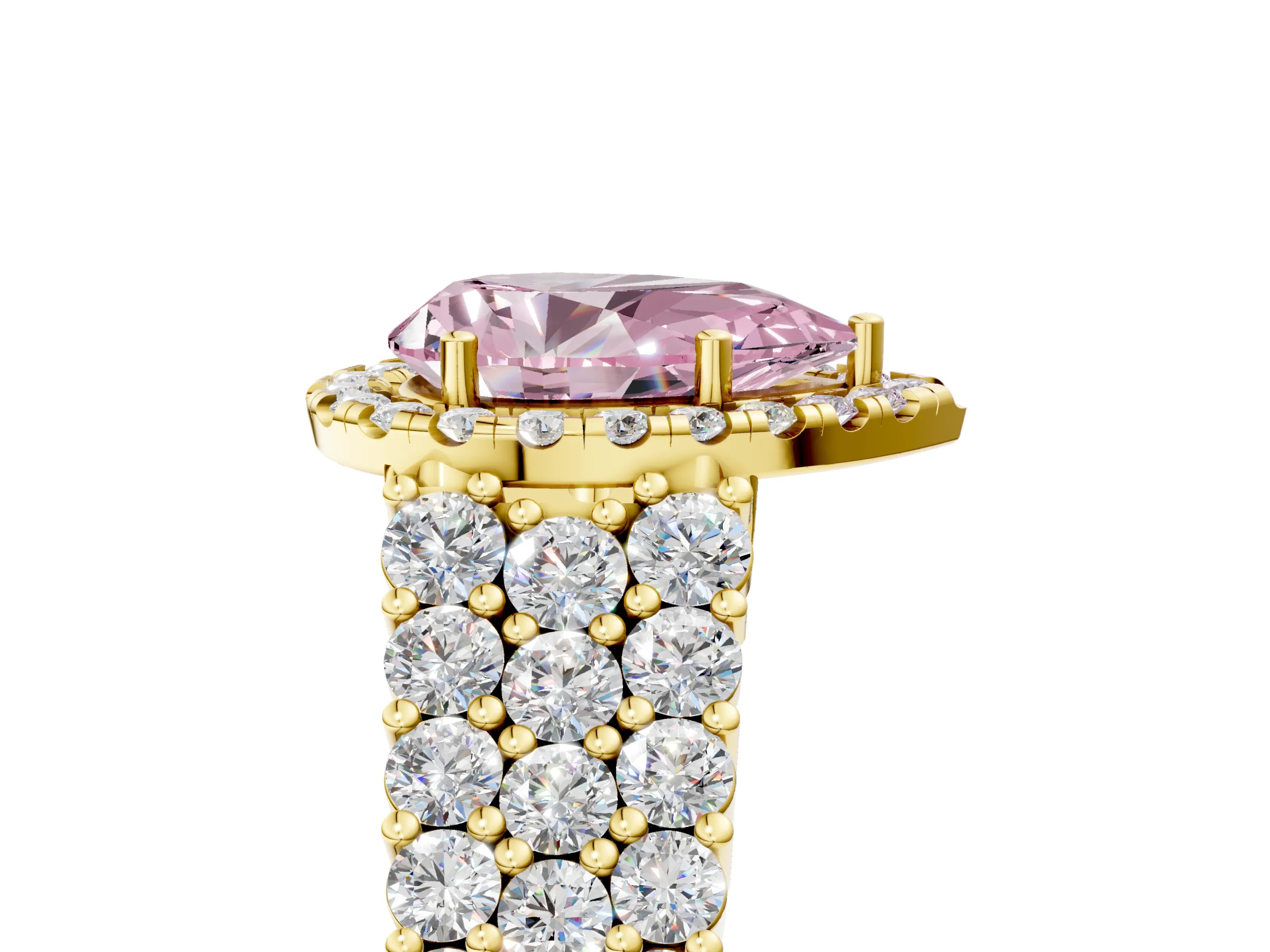 Yellow gold Fancy Pink Pear Cut Halo Pavé Diamond Engagement Ring with Split Shank and Four-Prong Setting_8