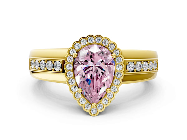Yellow gold Fancy Pink Pear  Cut Halo Pave Band Four-Prong Ring