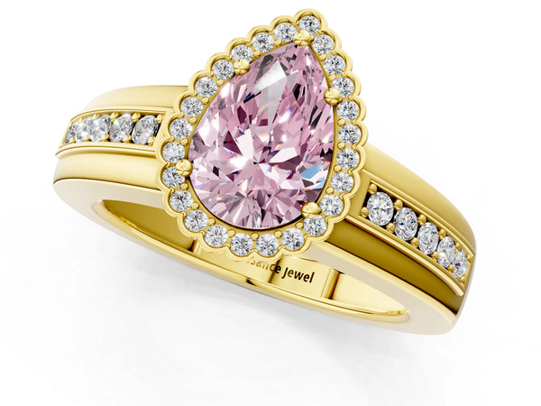 Yellow gold Fancy Pink Pear  Cut Halo Pave Band Four-Prong Ring