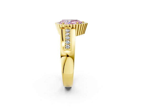 Yellow gold Fancy Pink Pear  Cut Halo Pave Band Four-Prong Ring