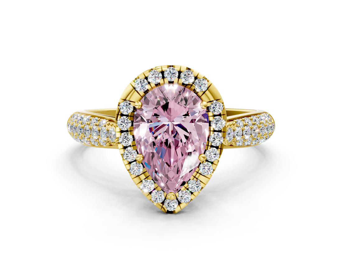 Yellow gold Fancy Pink Pear  Cut Halo Pave Band Four-Prong Setting Ring_20