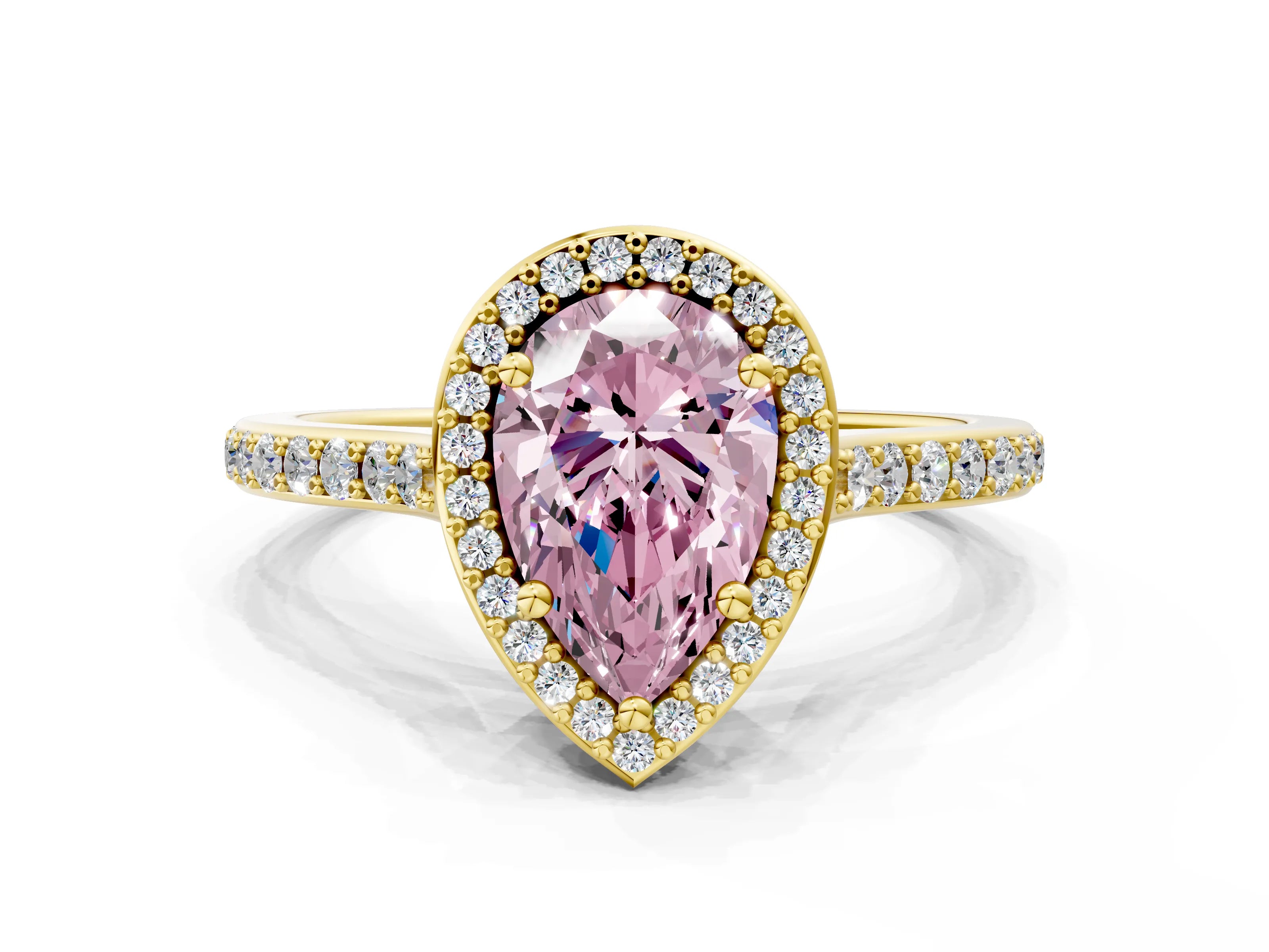Yellow gold Fancy Pink Pear Cut Halo Round Diamond Pavé Band with Four-Prong Setting_3
