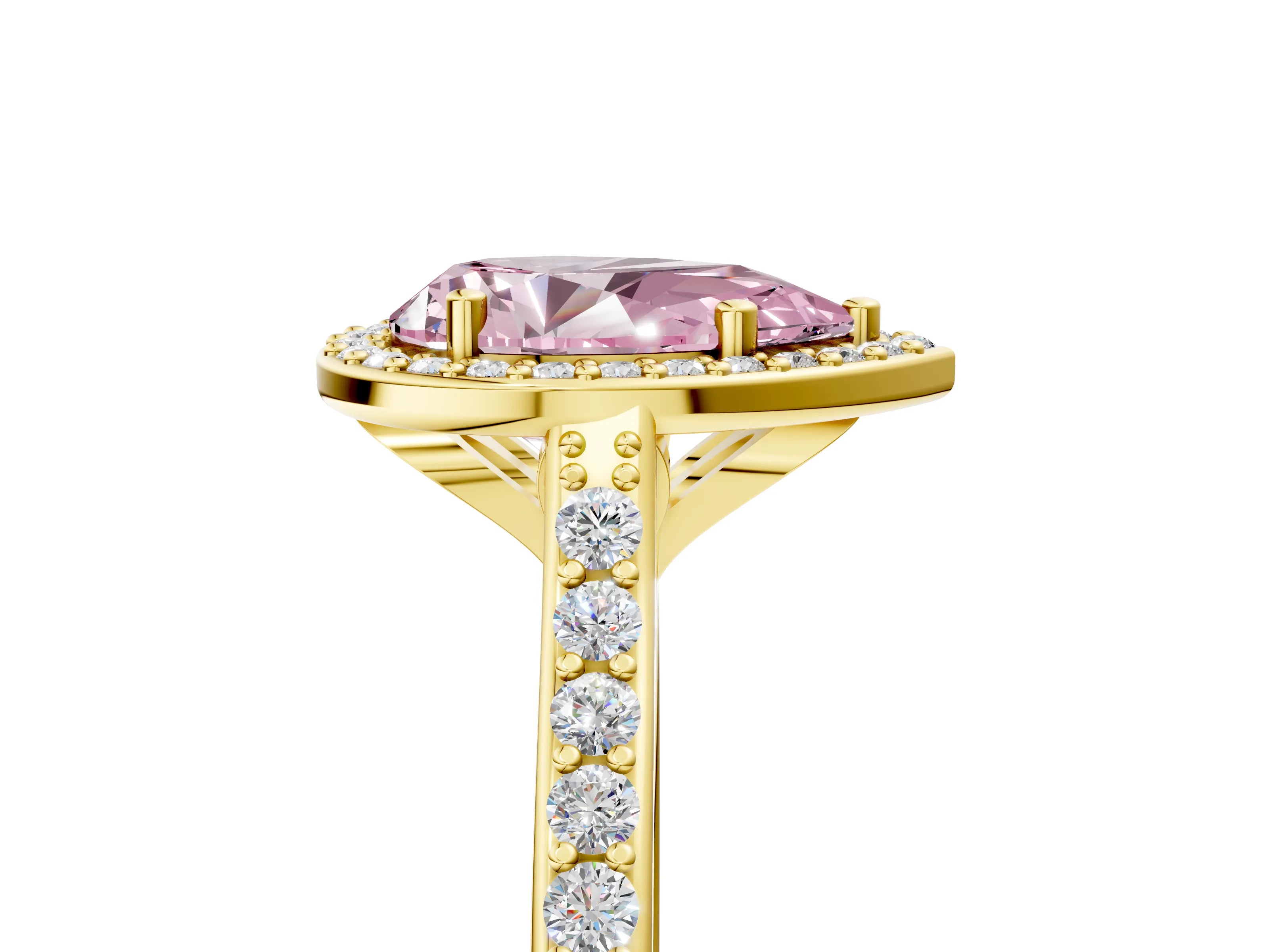 Yellow gold Fancy Pink Pear Cut Halo Round Diamond Pavé Band with Four-Prong Setting_8