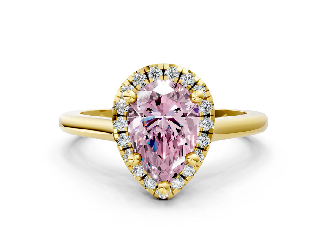 Yellow gold Fancy Pink Pear Cut Halo Round Diamond Solitaire Engagement Ring with Pave Band and Four-Prong Setting_12