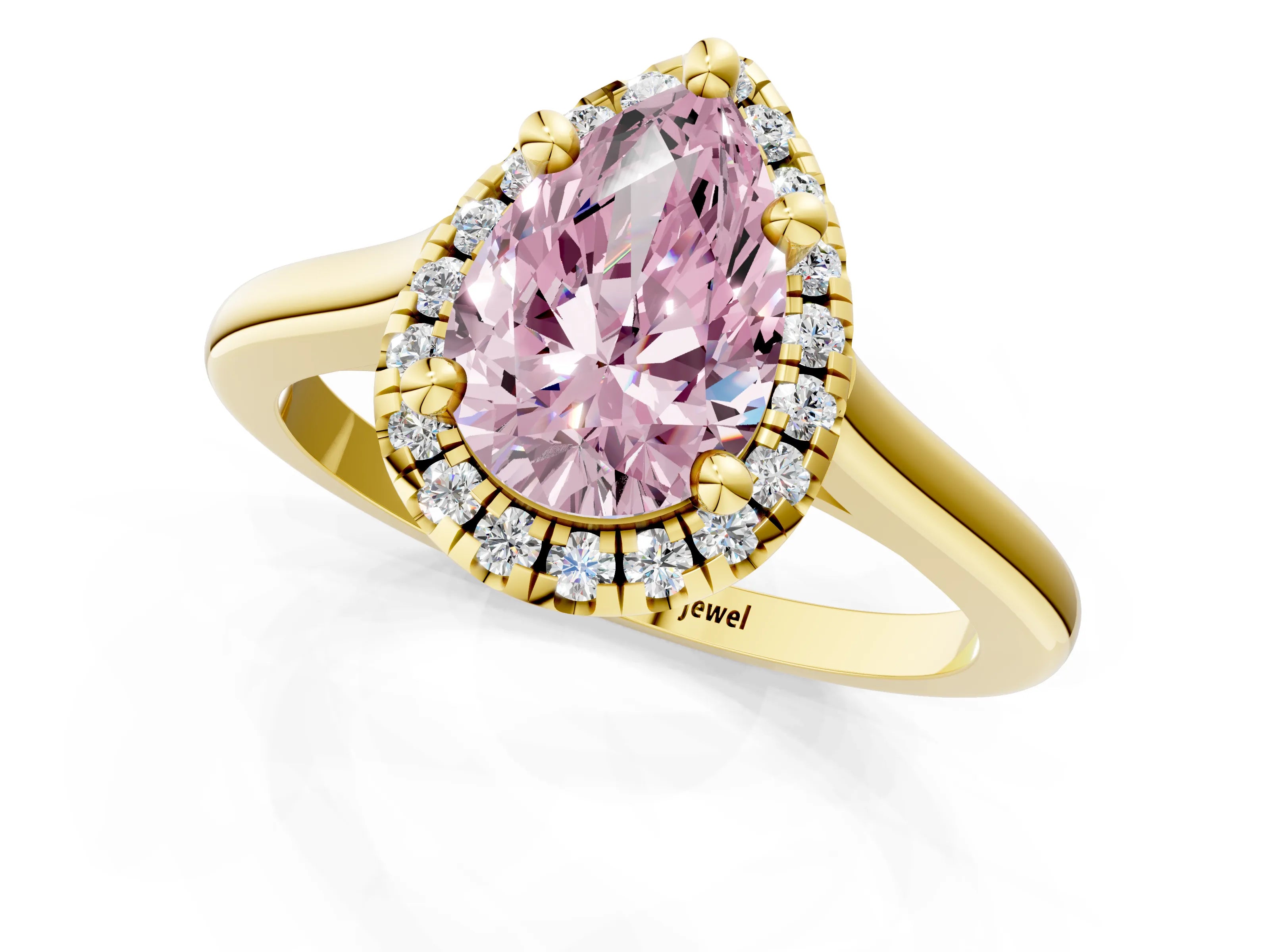 Yellow gold Fancy Pink Pear Cut Halo Round Diamond Solitaire Engagement Ring with Pave Band and Four-Prong Setting_13