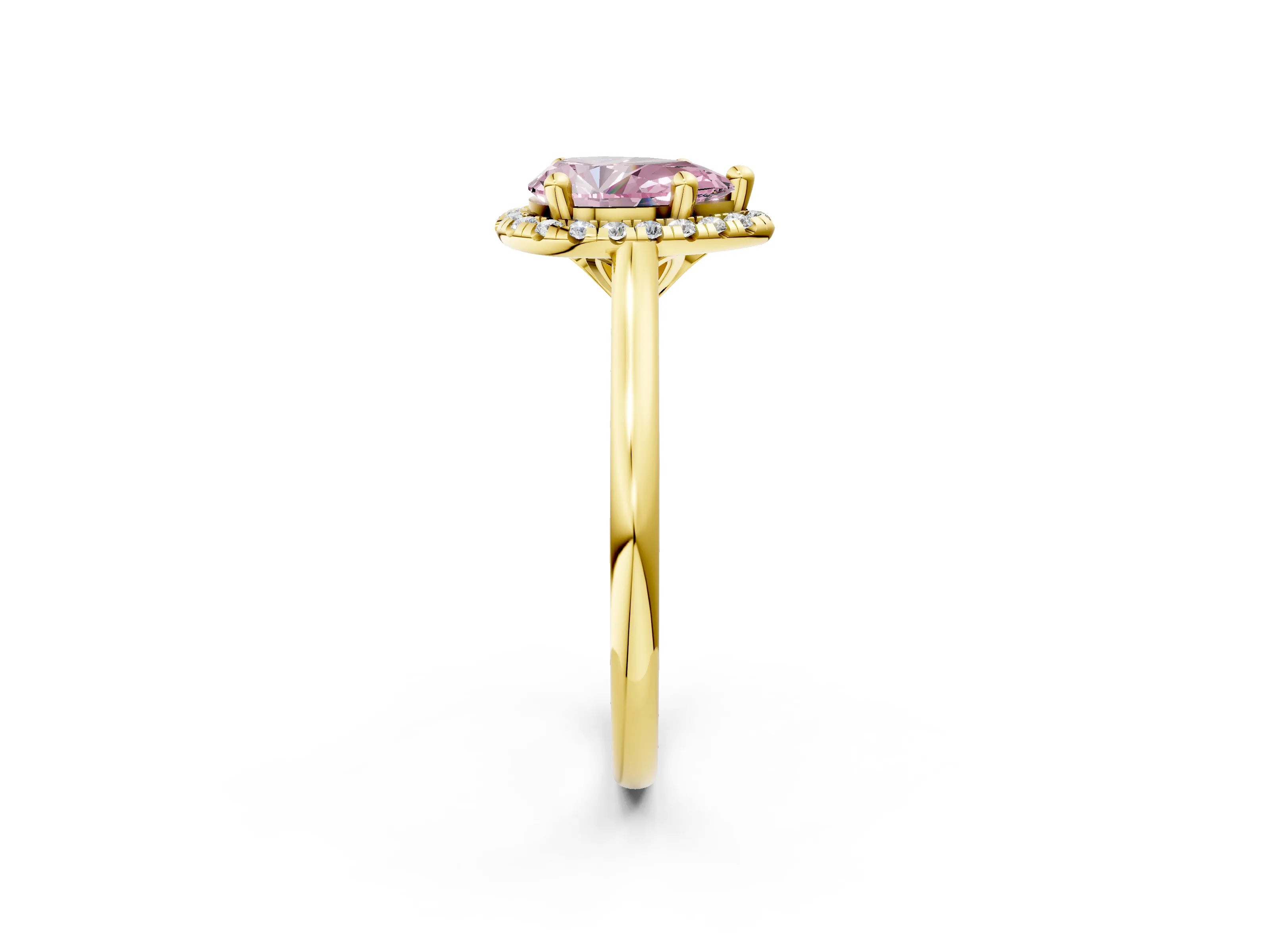 Yellow gold Fancy Pink Pear Cut Halo Round Diamond Solitaire Engagement Ring with Pave Band and Four-Prong Setting_14