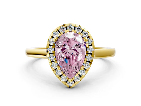 Yellow gold Fancy Pink Pear Cut Halo Round Diamond Solitaire Ring with Pavé Band and Four-Prong Setting_12