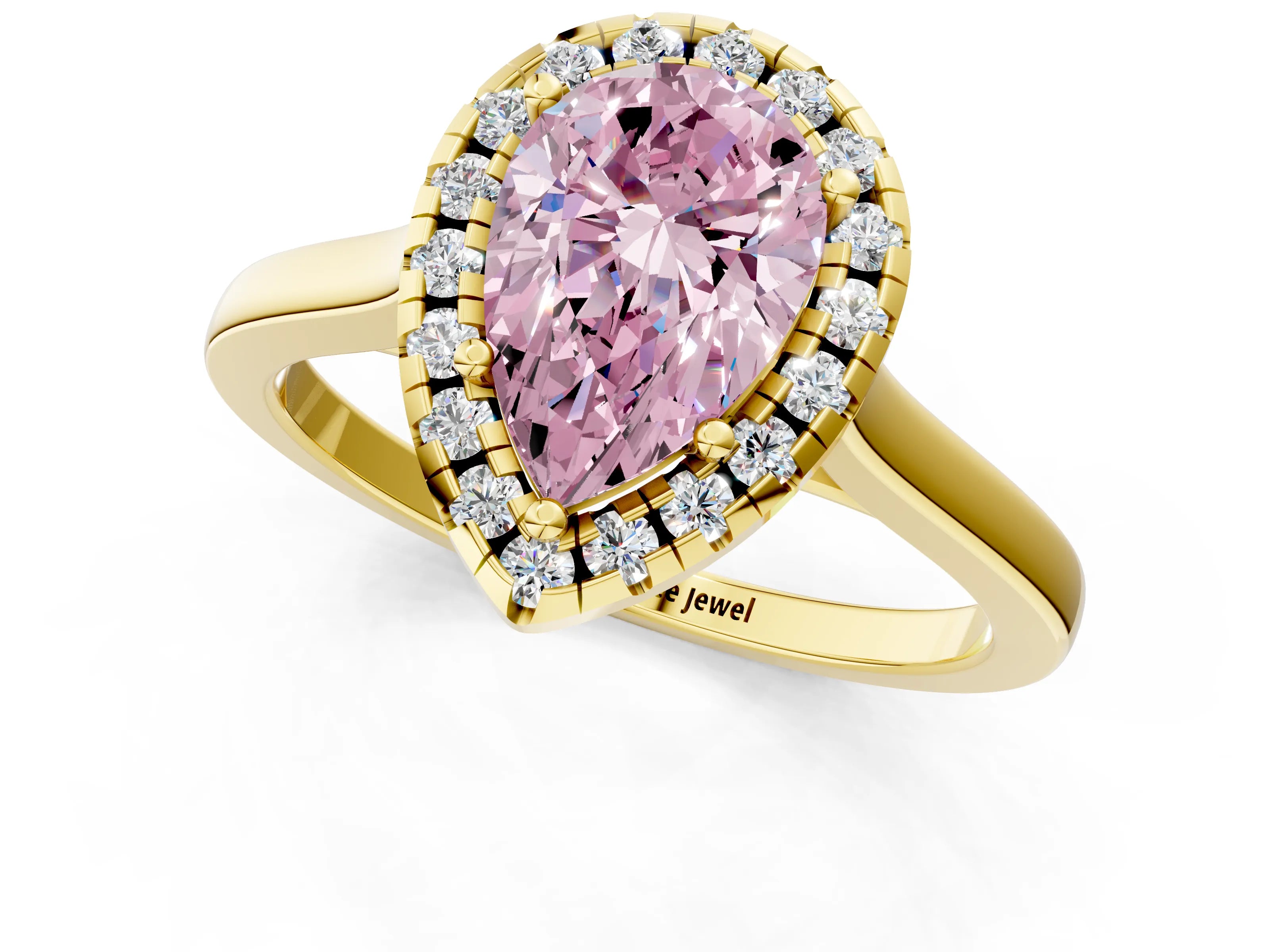 Yellow gold Fancy Pink Pear Cut Halo Round Diamond Solitaire Ring with Pavé Band and Four-Prong Setting_13