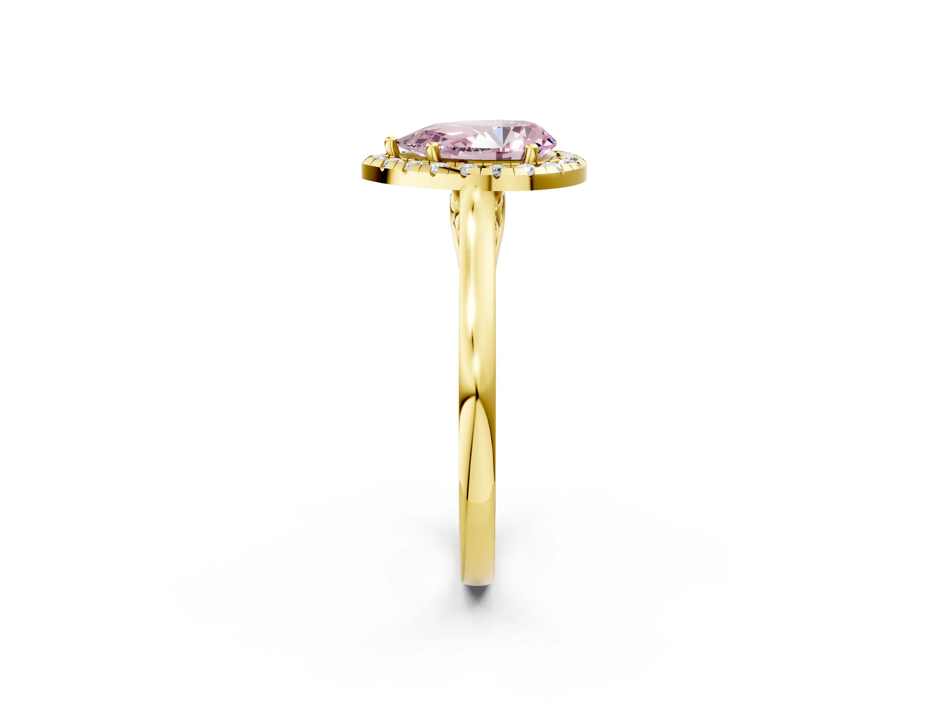 Yellow gold Fancy Pink Pear Cut Halo Round Diamond Solitaire Ring with Pavé Band and Four-Prong Setting_14