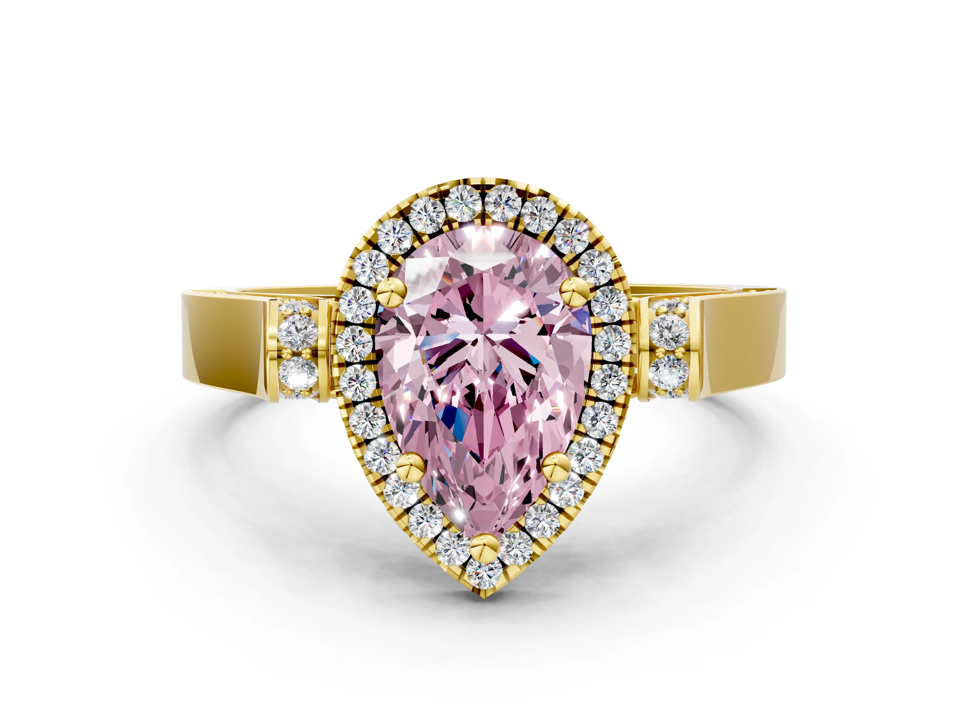 Yellow gold Fancy Pink Pear Cut Halo Round Diamond Twist Band with Four-Prong Setting