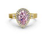 Yellow gold Fancy Pink Pear Cut Halo Round Diamond Twist Band with Four-Prong Setting