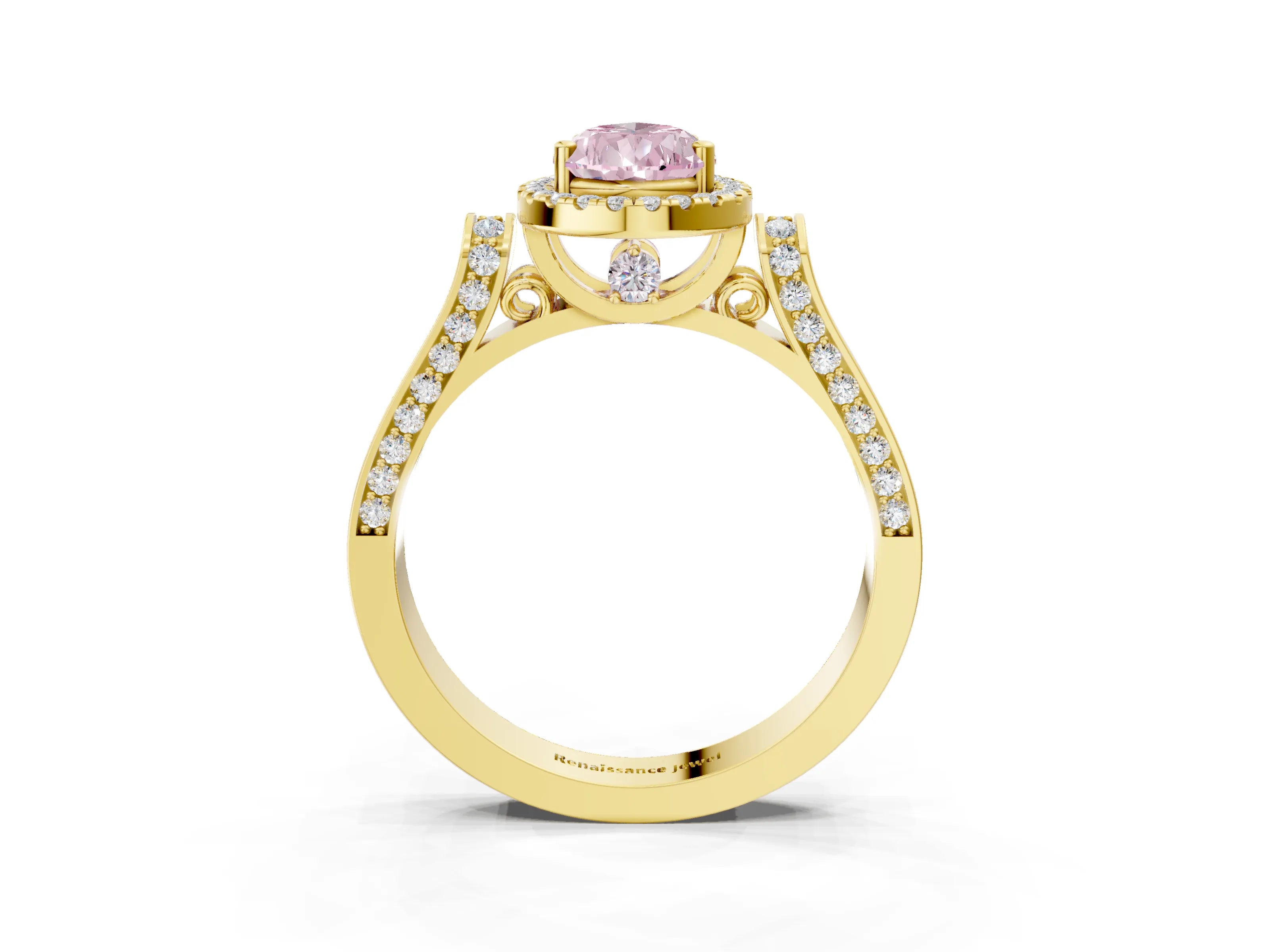 Yellow gold Fancy Pink Pear Cut Halo Round Diamond Twist Band with Four-Prong Setting_3