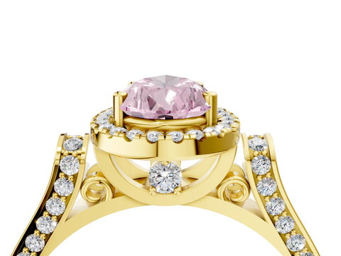 Yellow gold Fancy Pink Pear Cut Halo Round Diamond Twist Band with Four-Prong Setting_4