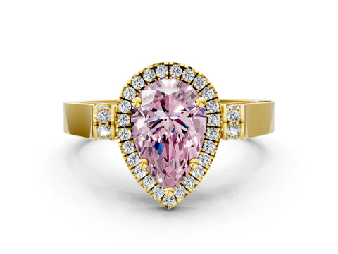 Yellow gold Fancy Pink Pear Cut Halo Round Diamond Twist Band with Four-Prong Setting