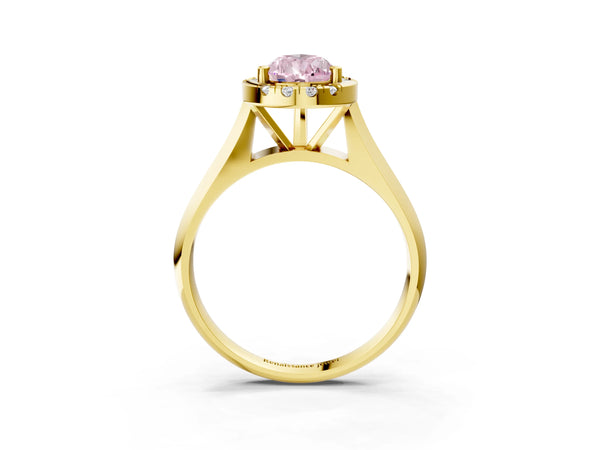 Yellow gold Fancy Pink Pear  Cut Halo Solitaire Engagement Ring with Square Band and Four-Prong Setting