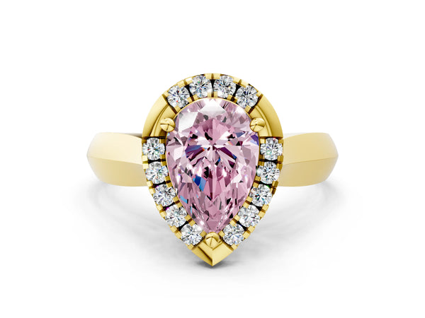 Yellow gold Fancy Pink Pear  Cut Halo Solitaire Engagement Ring with Square Band and Four-Prong Setting