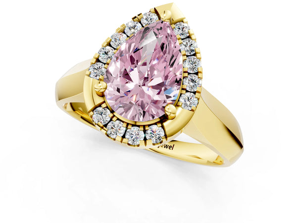 Yellow gold Fancy Pink Pear  Cut Halo Solitaire Engagement Ring with Square Band and Four-Prong Setting