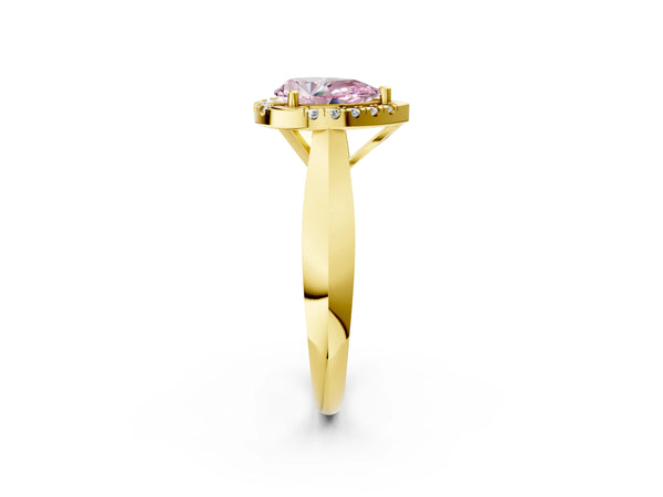 Yellow gold Fancy Pink Pear  Cut Halo Solitaire Engagement Ring with Square Band and Four-Prong Setting