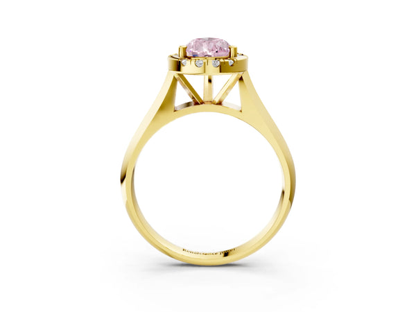 Yellow gold Fancy Pink Pear  Cut Halo Solitaire Engagement Ring with Square Band and Four-Prong Setting