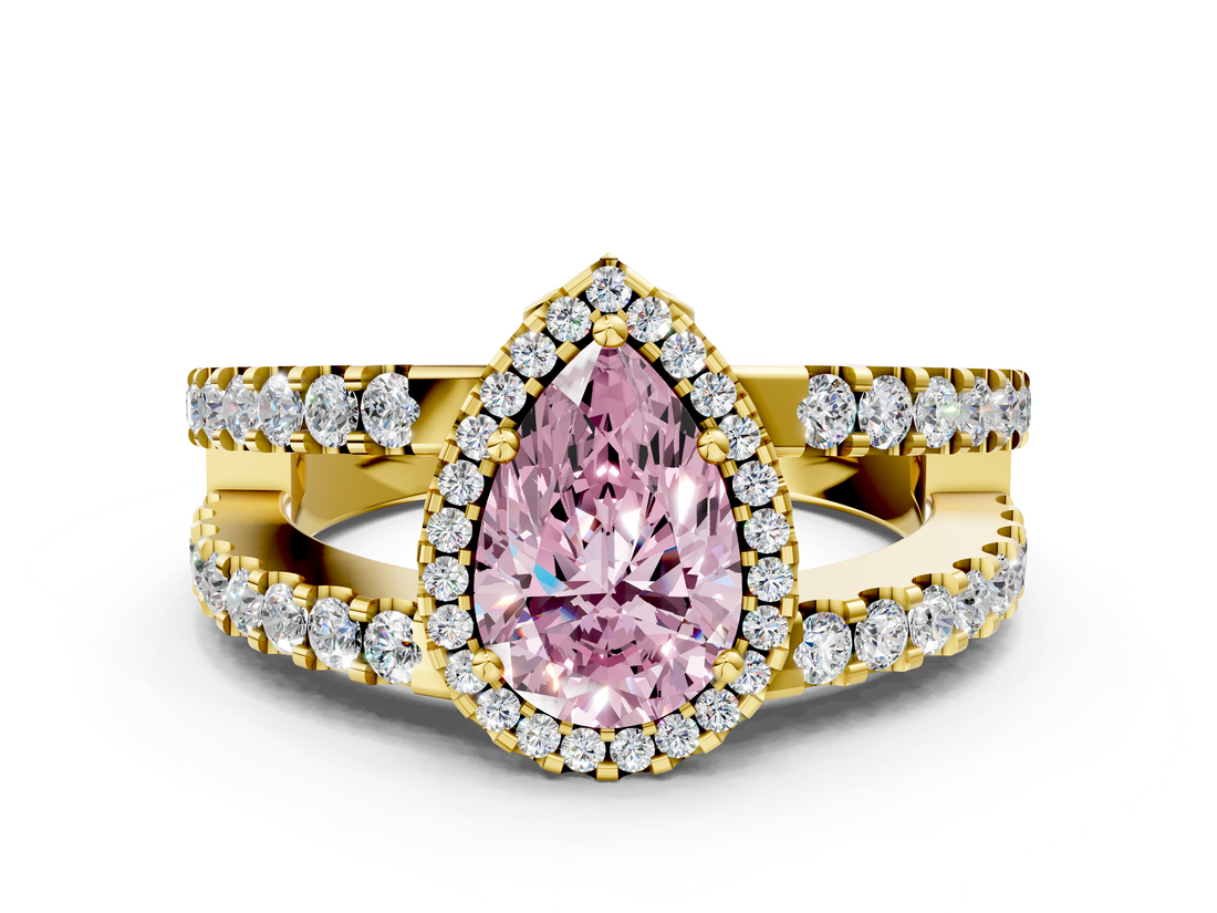 Yellow gold Fancy Pink Pear  Cut Halo Split Shank Diamond Ring with Four-Prong Setting_44
