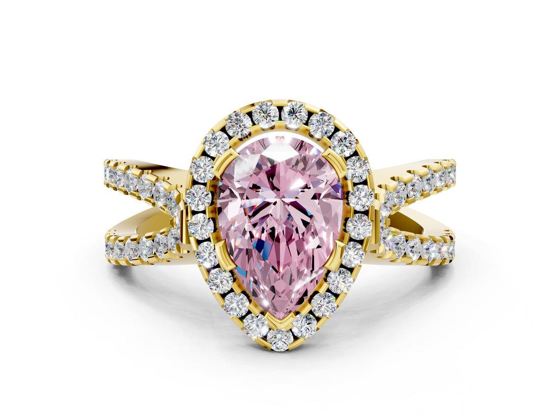 Yellow gold Fancy Pink Pear  Cut Halo Split Shank Pave Set Ring_62