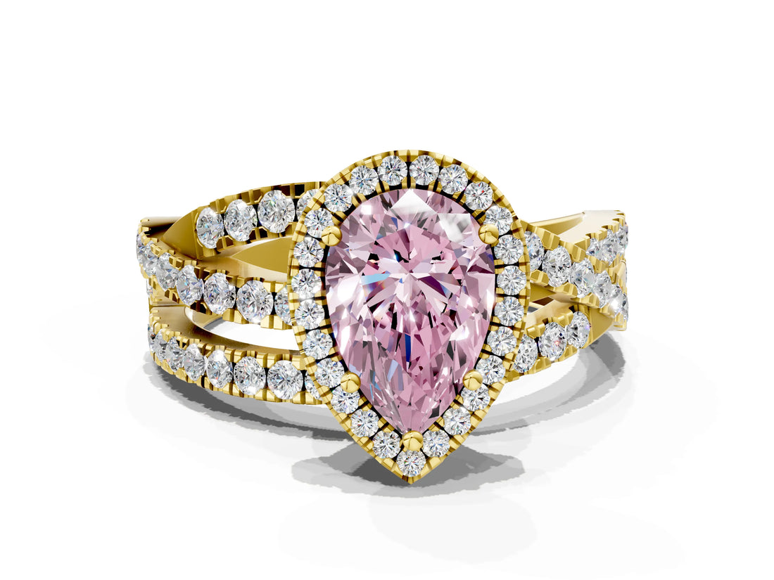 Yellow gold Fancy Pink Pear  Cut Halo Split Shank Prong Setting Ring_12