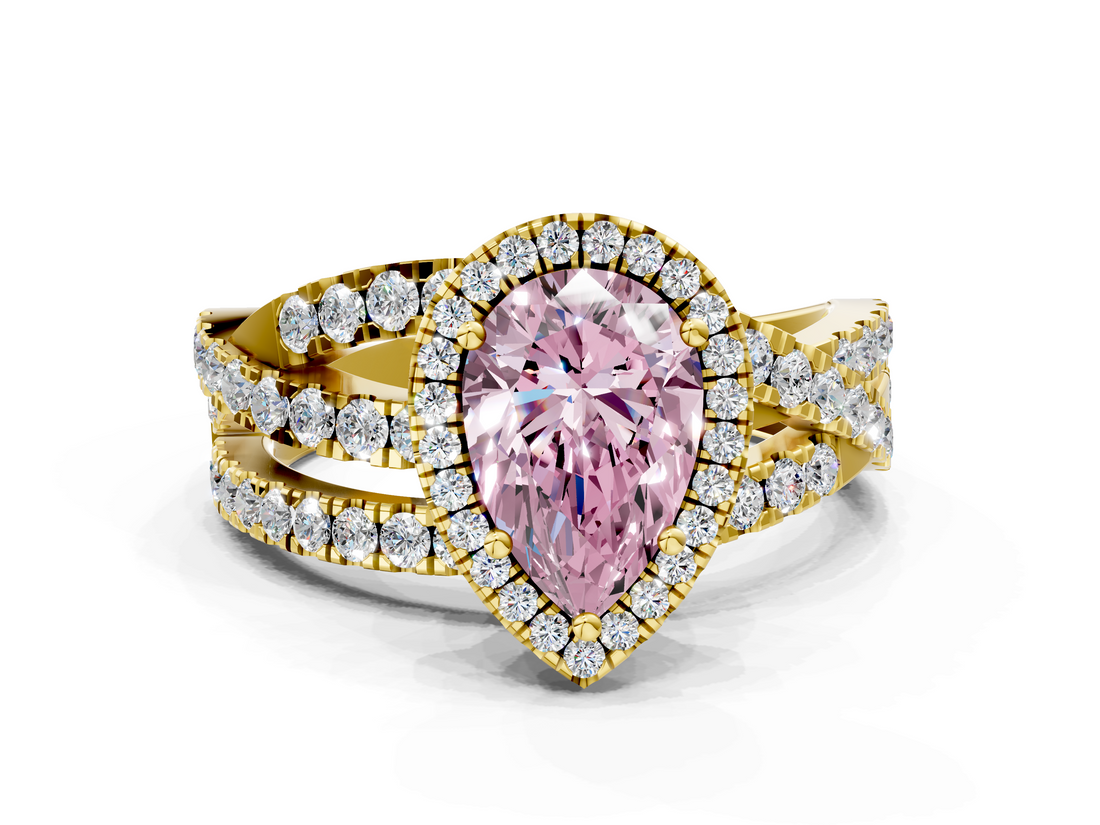 Yellow gold Fancy Pink Pear  Cut Halo Split Shank Prong Setting Ring_65