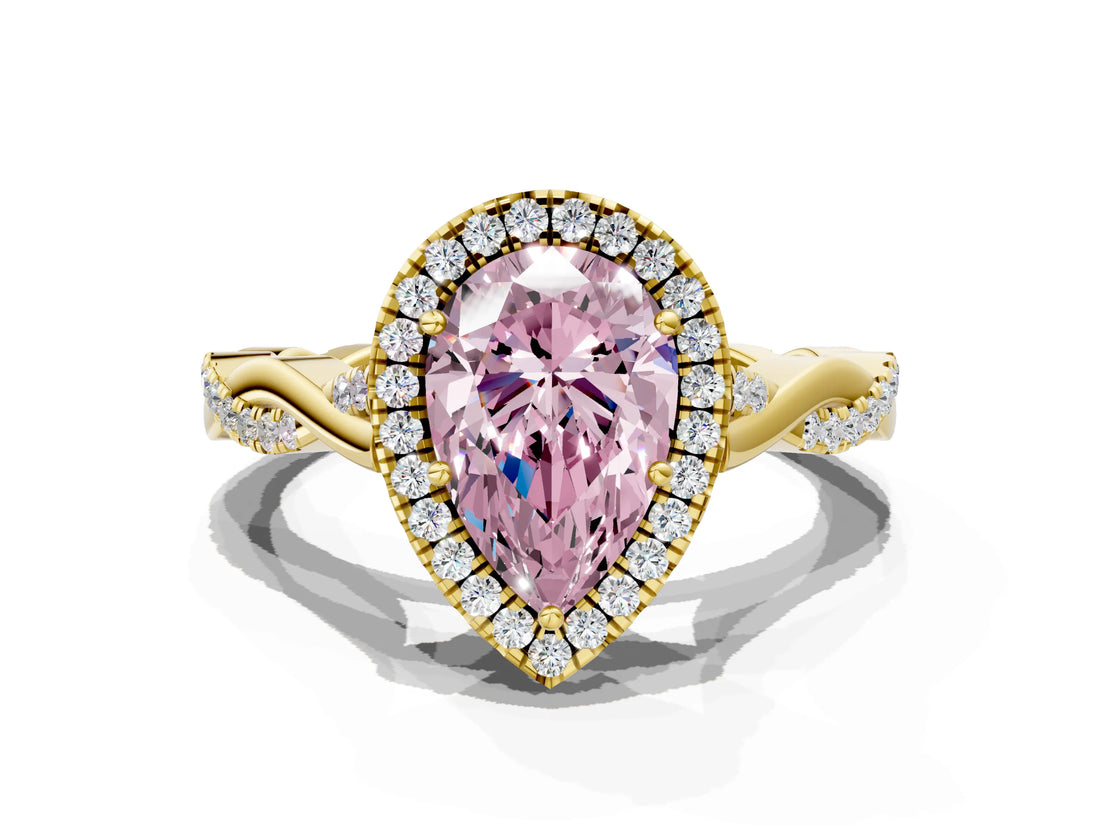 Yellow gold Fancy Pink Pear Cut Halo Twist Band with Four-Prong Setting_12