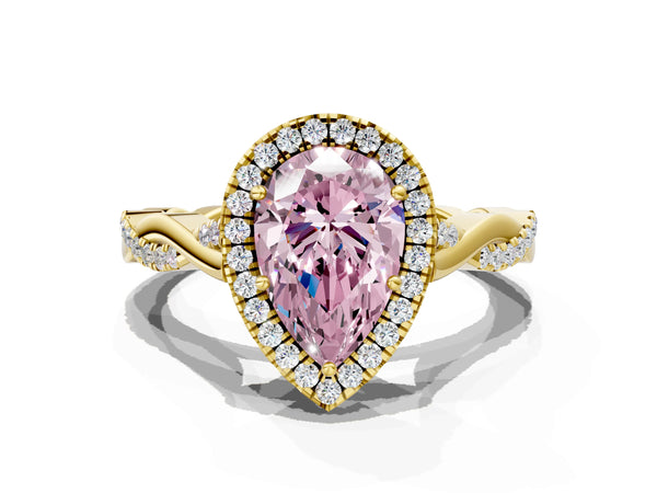 Yellow gold Fancy Pink Pear Cut Halo Twist Band with Four-Prong Setting