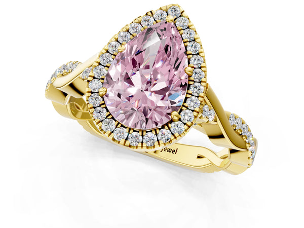 Yellow gold Fancy Pink Pear Cut Halo Twist Band with Four-Prong Setting