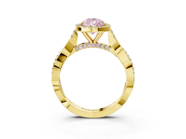 Yellow gold Fancy Pink Pear Cut Halo Twist Band with Four-Prong Setting