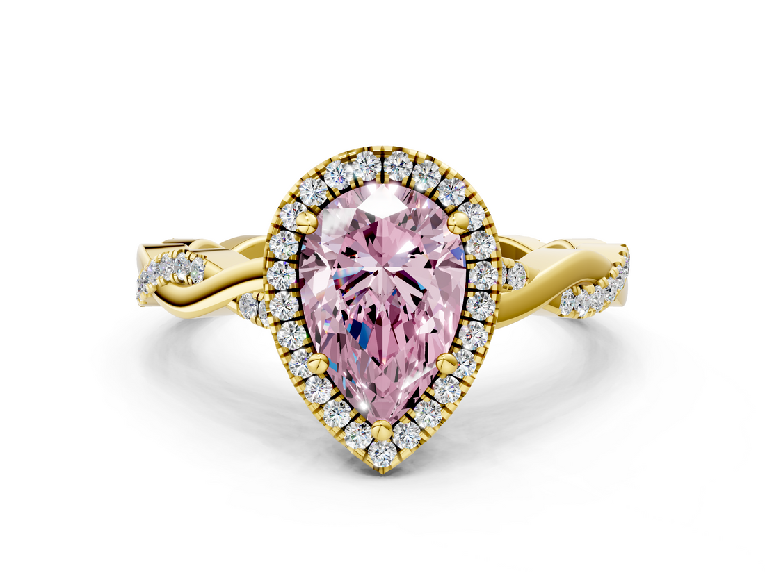 Yellow gold Fancy Pink Pear  Cut Halo Twisted Band Four-Prong Ring_20